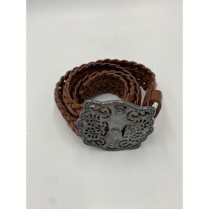 Avignon Women's Leather Cross Weave Patterned Buck Buckle Brown‎ Belt